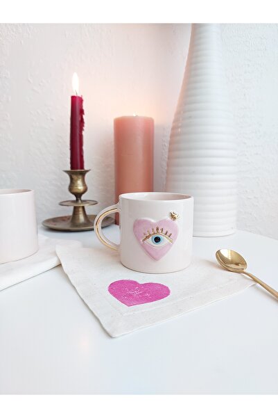 Handmade GÖZ DETAYLI Pembe kalpli 180ml Kupa/Elyapımı Seramik Kupa/Fincan