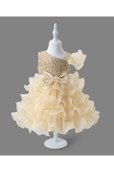 Mark & Mia Mark & Mia Bow Embellished Ruffle Detailing Party Dress - Gold and Beige