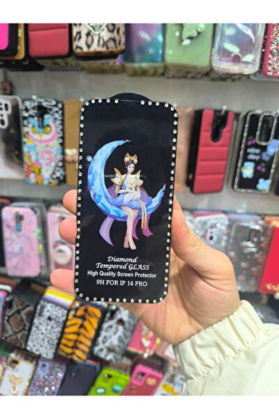 Techno iPhone 14 Pro Ekran Koruyucu Kenarları Taşlı Kırılmaz Cam