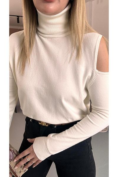 Sezgi Tekin Turtleneck Off-The-Shoulder Ecru Knitwear Blouse