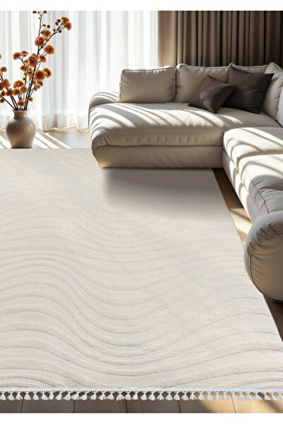 Dinarsu Alaçatı Püsküllü Kaymaz Taban Halı 150x230 Ariso Açık Bej