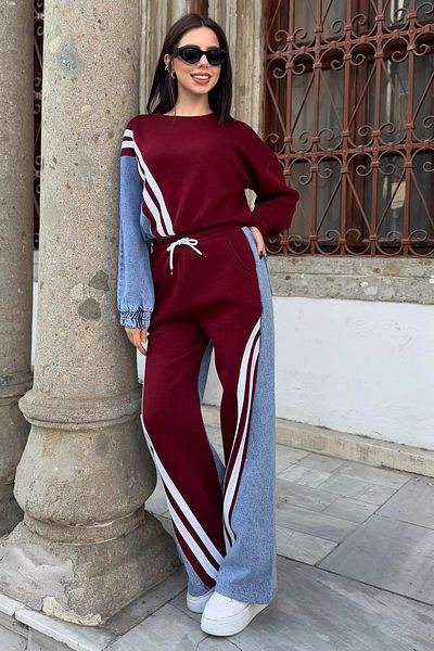 GÜLSELİ Burgundy Jeans Garnished Sweat Pants Double Set