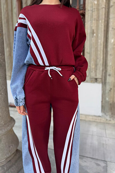 GÜLSELİ Bordó farmer díszítésű melegítőnadrág kétrészes szett