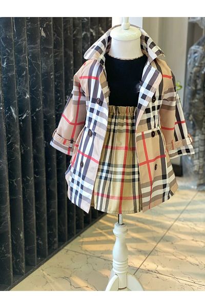 HÇ Hülya Çelik KİDSWEAR 2018 Girl's Checked Trench Coat Raincoat Waterproof Silk Satin Lined