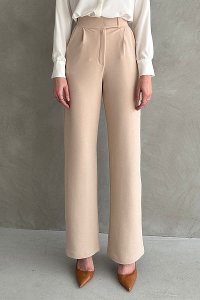 modavingo Women's Cream High Waist Elastic Waist Velcro Palazzo Fabric Pants