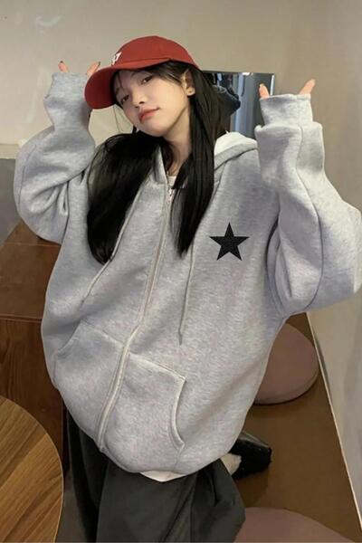 CAST COLLECTİON Women's Gray Zippered Silvery Star Printed Cardigan Jacket