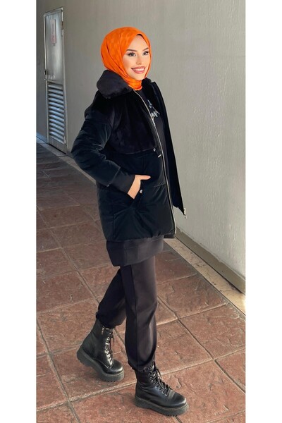Minel Kadın Kürklü Siyah Kısa Mont 030