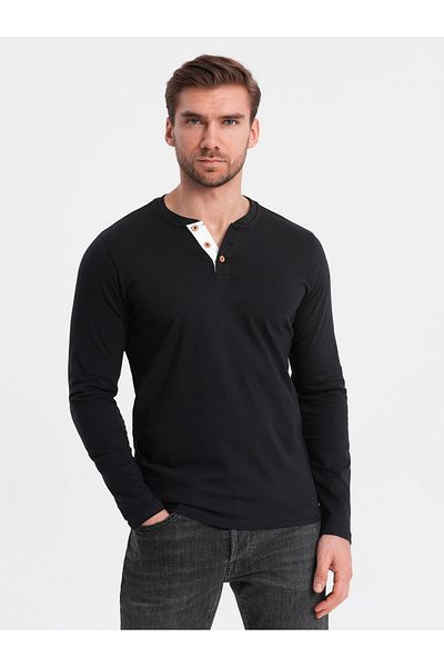OMBRE Pánský dlouhý rukáv s knoflíky u výstřihu - černý V4 OM-LSCL-0107 M