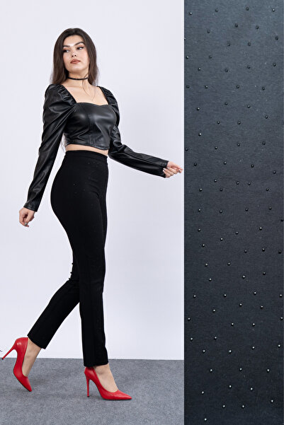 MissVina Önü Taş İşlemeli Çelik Örme Tayt Pantolon 30199