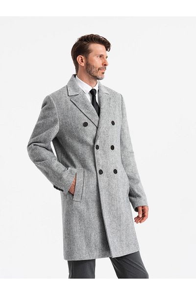 OMBRE Elegantní dvouřadý pánský kabát rybí kosti - šedý V1 OM-COWC-0118 XL