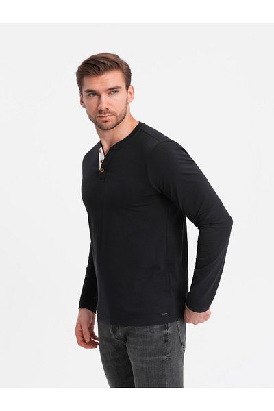 OMBRE Pánský dlouhý rukáv s knoflíky u výstřihu - černý V4 OM-LSCL-0107 M