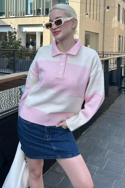 Madmext Pink Buttoned Polo Neck Striped Women's Sweater Mg2286