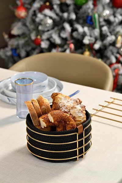 Edora Home Stylish Bread Basket - Gold Round, Wicker Knitted, Macrame, Multipurpose, and Metal Stainless