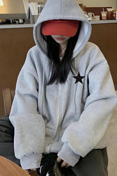 CAST COLLECTİON Women's Gray Zippered Silvery Star Printed Cardigan Jacket