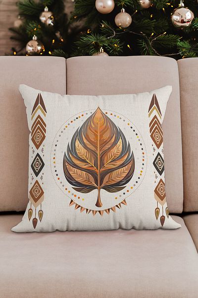 Sakallı Ethnic Bohemian Leaf Pattern Beige Διακοσμητικό κάλυμμα μαξιλαριού με ψηφιακή εκτύπωση