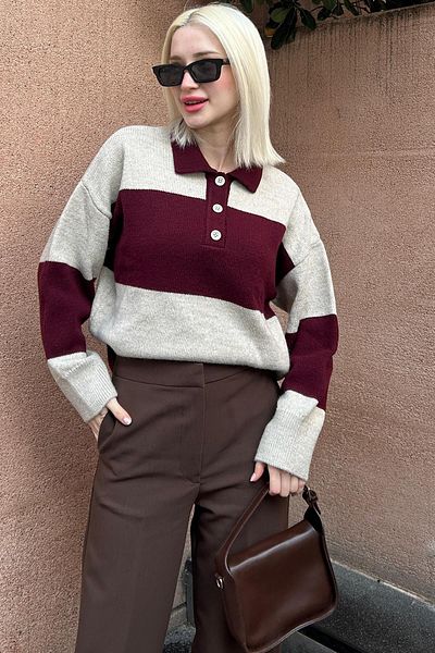 Madmext Pulover de damă cu dungi cu guler polo cu nasturi burgundy Mg2286