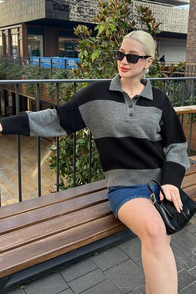 Madmext Anthracite Buttoned Polo Neck Striped Women's Sweater Mg2286