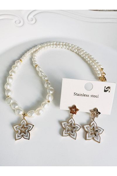 DEVİ fashion Steel Pearlescent Flower Necklace Earrings Pearl Suit (Valentine's Day Engagement Wedding)