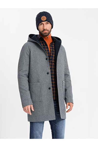 OMBRE Pánský melanžový dlouhý kabát s kapucí - šedý V1 OM-COWC-0122 XL