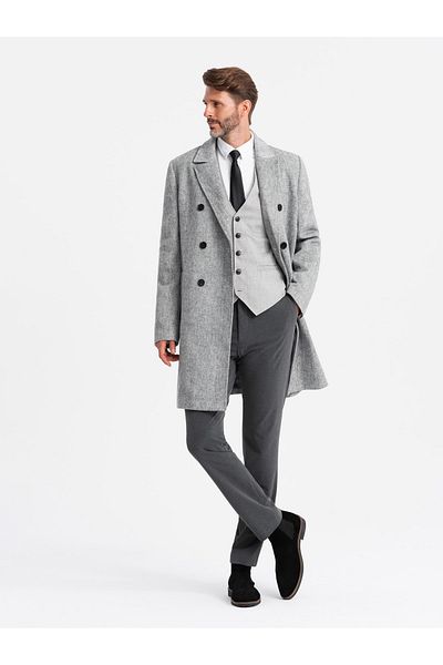 OMBRE Elegantní dvouřadý pánský kabát rybí kosti - šedý V1 OM-COWC-0118 XL