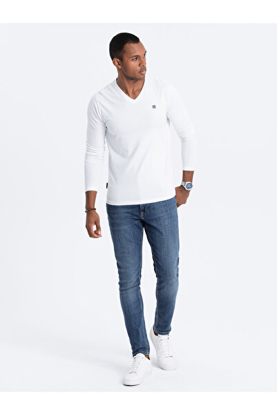 OMBRE Επώνυμο ανδρικό μακρυμάνικο ελαστάν με λαιμόκοψη - λευκό V1 OM-LSCL-0110 S