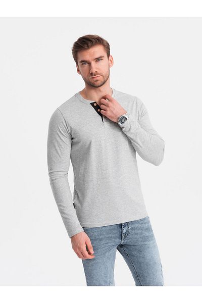 OMBRE Pánský dlouhý rukáv s knoflíky u výstřihu - šedá melanž V8 OM-LSCL-0107 XL