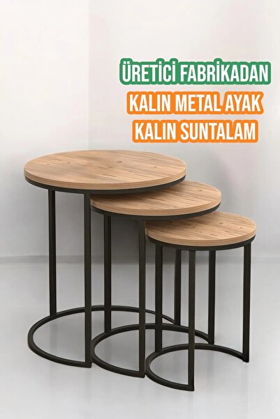 Reyo Falez 3'lü C Zigon Sehpa Metal Ayaklı C Zigon Sehpa Lüx Atlantik Çam