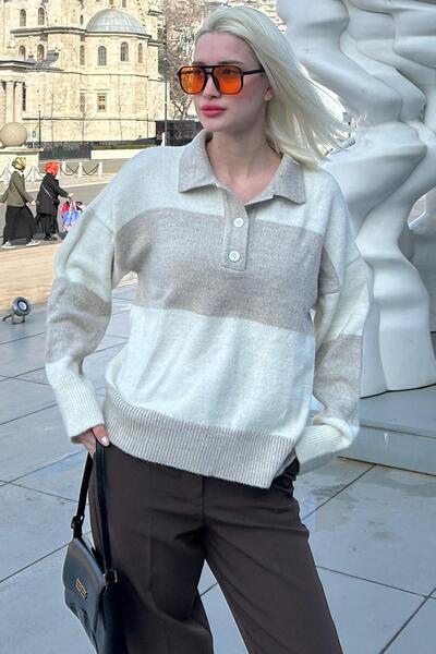 Madmext Beige Buttoned Polo Neck Striped Women's Sweater Mg2286