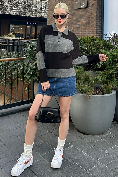 Madmext Anthracite Buttoned Polo Neck Striped Women's Sweater Mg2286