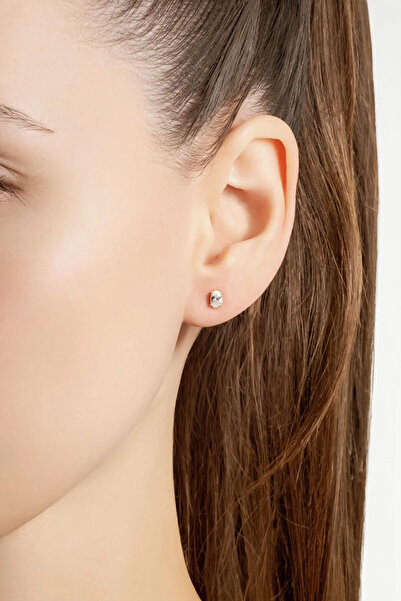 So CHIC... Oval Taşlı 18 Ayar Beyaz Altın Kaplama 6 Mm Gümüş Tektaş Küpe