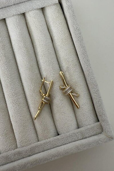 DEMOKAN Kadın Küpe İthal Özel Seri Çubuk Üstü Zirkon Taş Düğüm Kararmaz Küpe