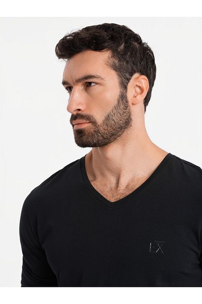 OMBRE pánský nákrčník SLIM FIT s výstřihem do V s elastanem a potiskem - černý V1 OM-LSBC-0123 M