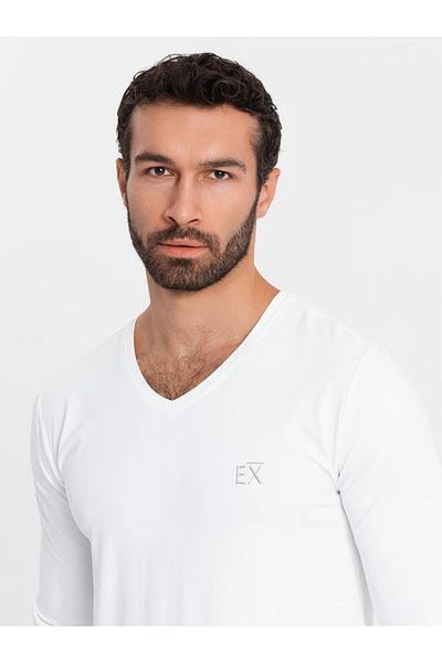OMBRE Pánský dlouhý rukáv SLIM FIT s výstřihem do V s elastanem a potiskem - bílá V2 OM-LSBC-0123 S