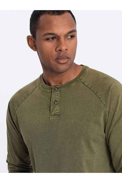 OMBRE Ανδρικό μακρυμάνικο henley με μανίκια raglan - σκούρα ελιά V4 OM-LSWL-22FW-001 S