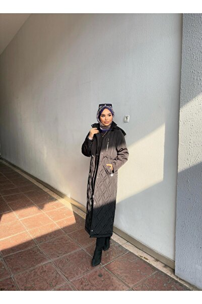 Minel Women's Patterned Long Black Coat 032