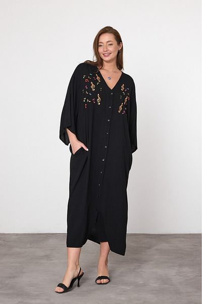 AYASOFYA OTANTIK Rochie cămașă largi supradimensionată cu broderie de broderie cu note muzicale negre pentru femei