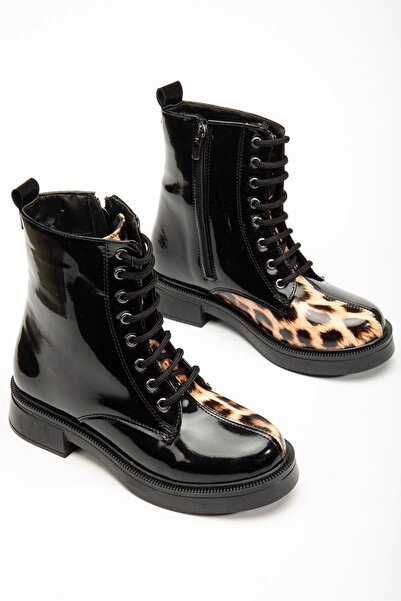 Genel Markalar 02-3055 Siyah Rugan Leopar Bağcıklı Fermuarlı Günlük Kadın Bot