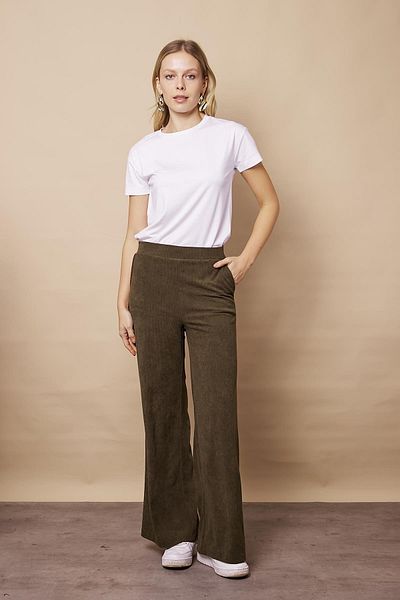 Jument Pantaloni Palazzo elastici din catifea moale cu buzunare laterale cu talie înaltă - kaki