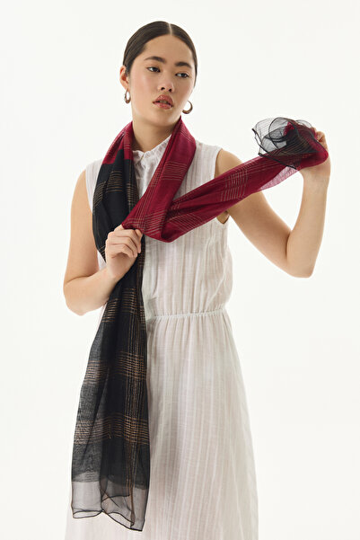 FENZA SCARF %40 İpek %60 Yün Şerit Desenli Omuz Şalı - Bordo