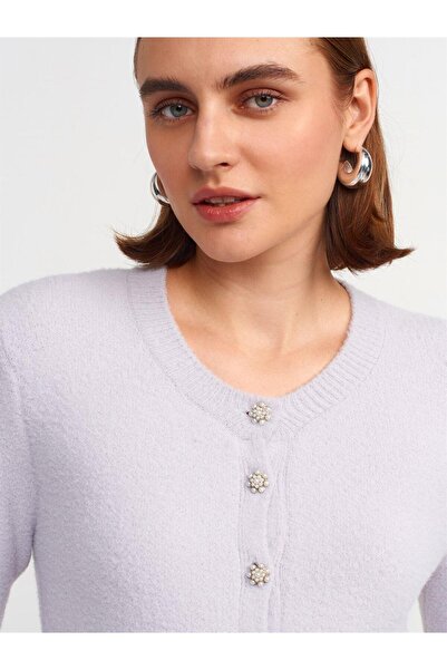 Dilvin 60198 - Light Gray Knitwear Cardigan with Pearl Buttons