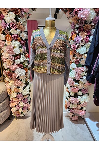 ROSSA Kadın Payet detaylı triko gri hırka