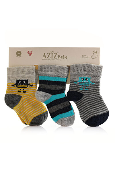 Aziz Bebe Monster Patterned 3-piece Socks Set for Baby Boy