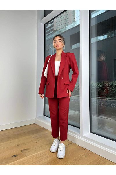 modaçelikler Women's High Waist and Tight Leg Blazer Set - Shoulder Padded, Button Closure, Leone Burgundy 25K435