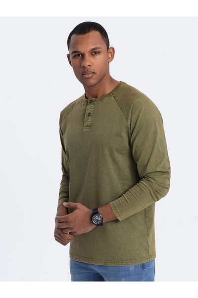 OMBRE Ανδρικό μακρυμάνικο henley με μανίκια raglan - σκούρα ελιά V4 OM-LSWL-22FW-001 S