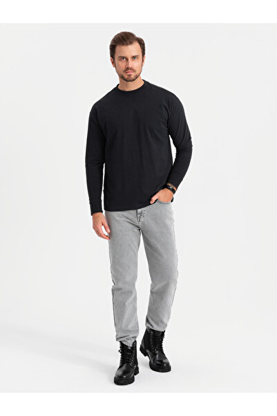 OMBRE Ανδρικό βαμβακερό μακρυμάνικο LOOSE FIT με στρογγυλή λαιμόκοψη - μαύρο V1 OM-LSBC-0129 XXL