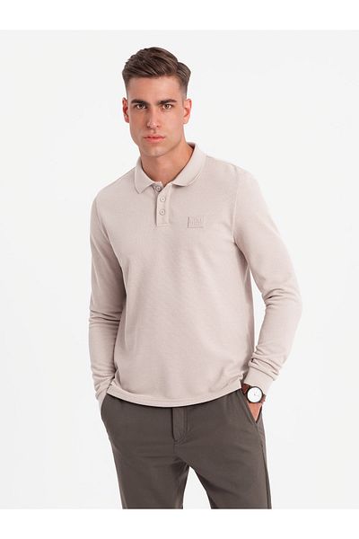 OMBRE Pánské strukturované polo dlouhý rukáv s nášivkou - jasan V3 OM-POLS-0131 S