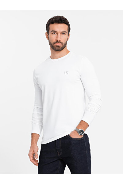 OMBRE Ανδρικό μακρυμάνικο SLIM FIT με ελαστάνη και στάμπα - λευκό V2 OM-LSBC-0124 XL