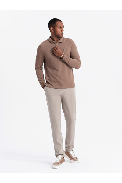 OMBRE Pánské strukturované polo s dlouhým rukávem s nášivkou - hnědá V4 OM-POLS-0131 L