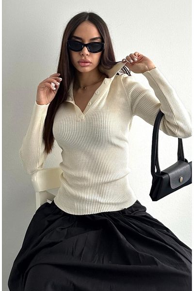 fujya Basic Polo Neck Ecru Knitwear Women's Sweater - Buttoned