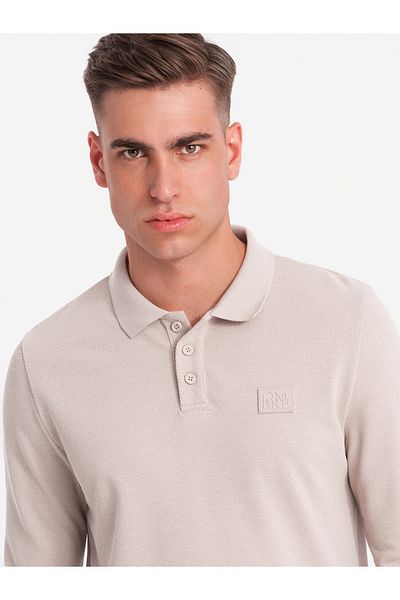 OMBRE Pánské strukturované polo dlouhý rukáv s nášivkou - jasan V3 OM-POLS-0131 S